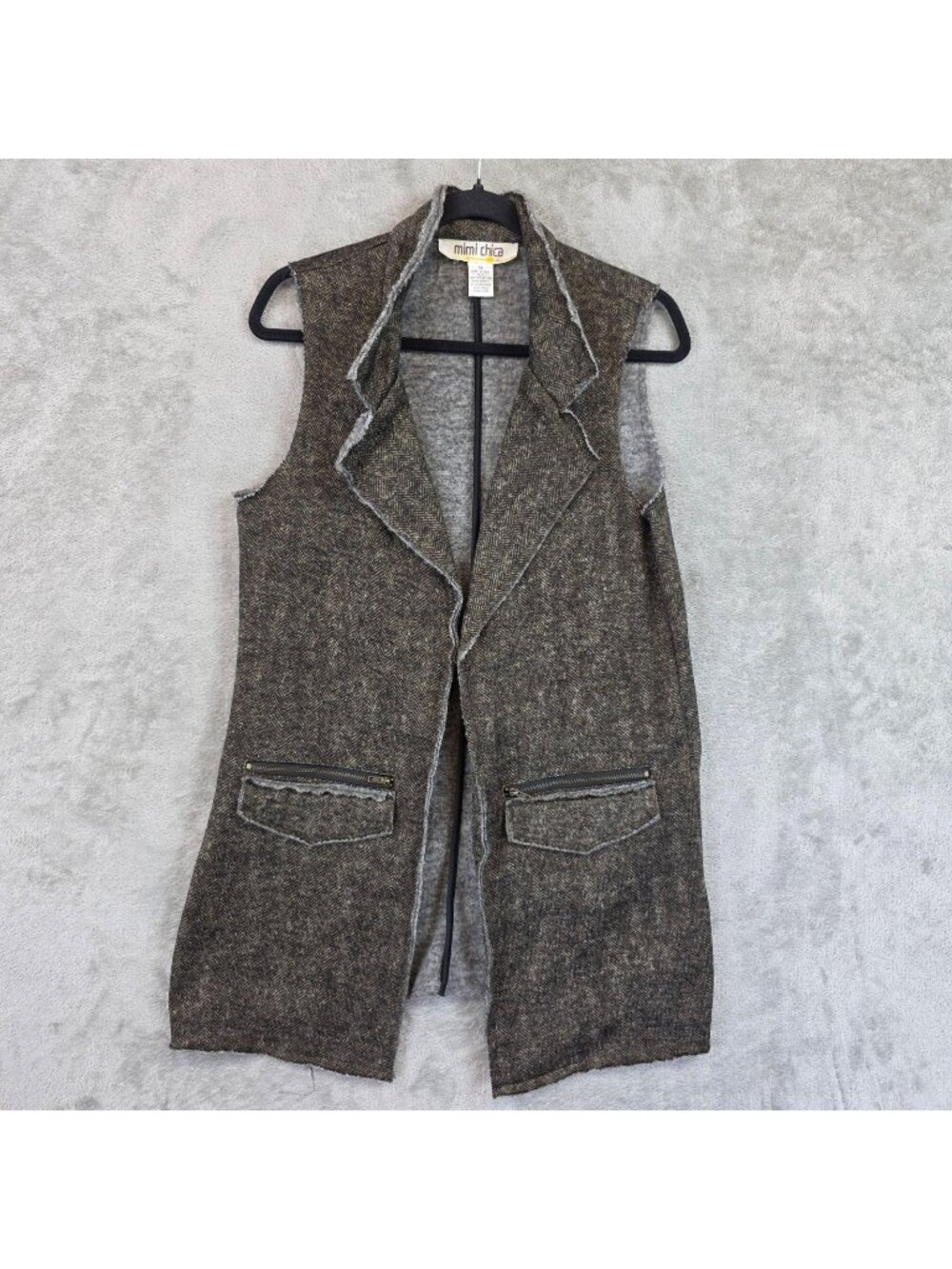 Mimi Chica Sweater Vest Juniors M Brown Herringbone Open Front Zipper Pockets
